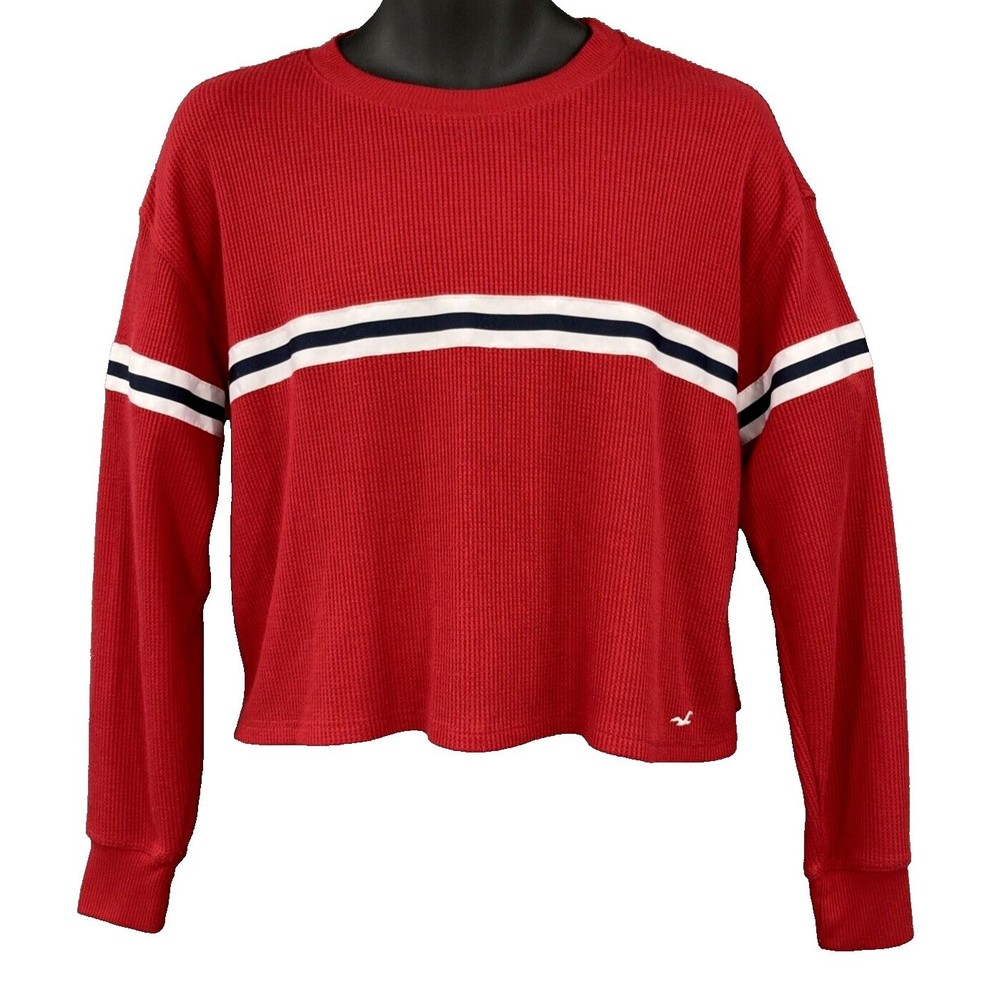 Y2K Red Waffle Knit Oversized Long Sleeve Boyfriend Tee Crop Top Womens XS - XL